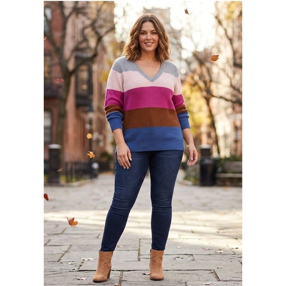 Lane Bryant Sweater Womens 14/16 Multicolor Colorblock V-Neck Knit Pullover 2525